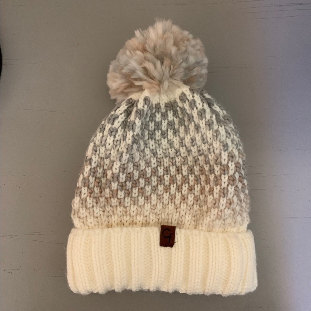 Cozy Cream and Brown Knit Pom-Pom Beanie
